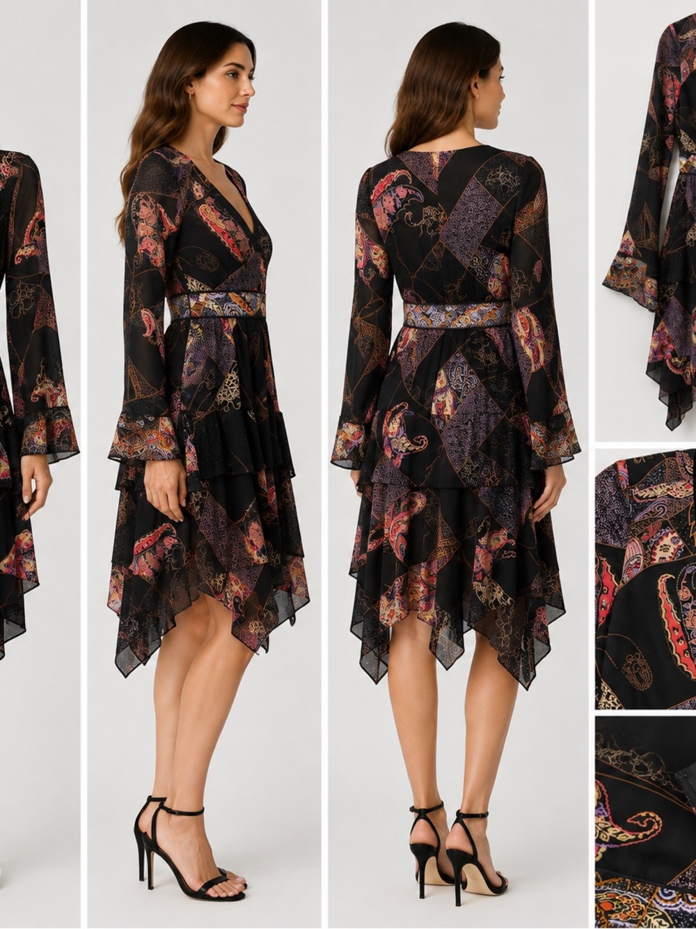 Elizabeth and James Silk Black Paisley-Print Tiered Mini Dress